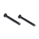 Two Bells of Steel Standard Band Pegs, black metal with flanged heads and holes at one end, rest on a white background. They are hardware components for securing resistance bands or aligning parts on power racks.