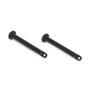 Two Bells of Steel Standard Band Pegs, black metal with flanged heads and holes at one end, rest on a white background. They are hardware components for securing resistance bands or aligning parts on power racks.