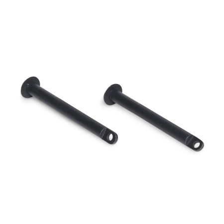 Two Bells of Steel Standard Band Pegs, black metal with flanged heads and holes at one end, rest on a white background. They are hardware components for securing resistance bands or aligning parts on power racks.