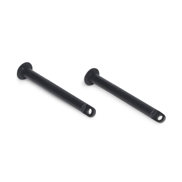 Two Bells of Steel Standard Band Pegs, black metal with flanged heads and holes at one end, rest on a white background. They are hardware components for securing resistance bands or aligning parts on power racks.