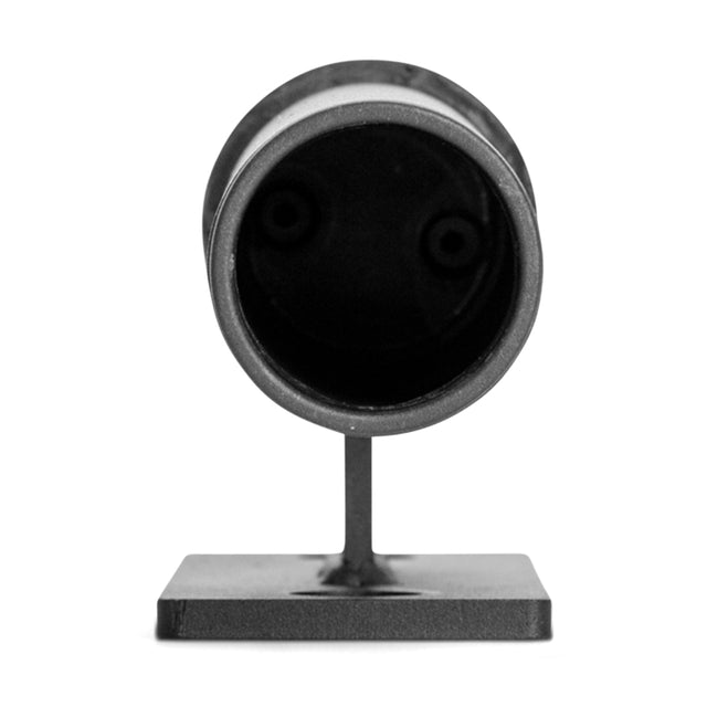A close-up of a black, cylindrical object on a stand, resembling a minimalist microphone or telescope, akin to the Bells of Steel Vertical Mount Barbell Holder Rack Attachment for efficient home gym organization, against a white background.