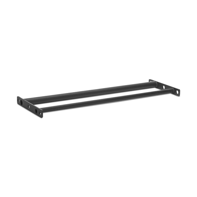 Introducing the Bells of Steel Fat/Skinny Pull Up Bar: a sleek black metal rack with dual parallel bars and strategically placed mounting holes for easy wall or ceiling installation. Its robust design is perfect for organizing items in your garage or workshop and doubles as an ideal pull-up bar to boost grip strength during your workouts.
