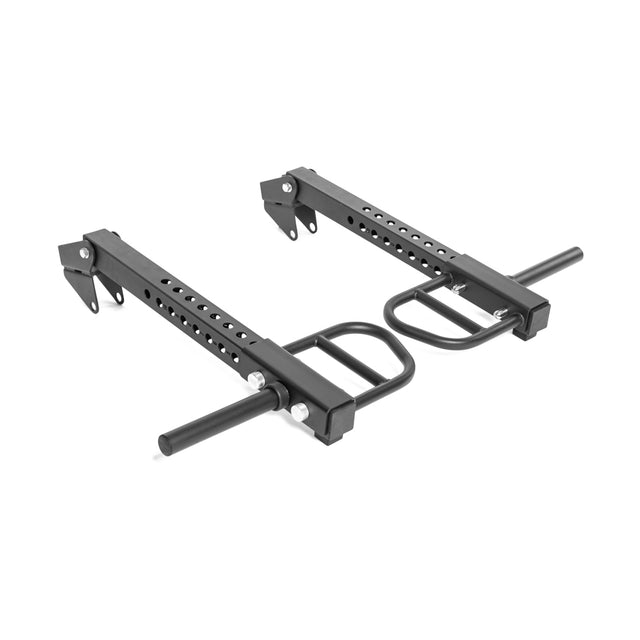 Bells of Steel's Lever Arms Rack Attachment is a pair of space-efficient black metal safety spotter arms for a weightlifting squat rack, featuring multiple holes for height adjustment and safety bars extending outward to support weights during workouts.