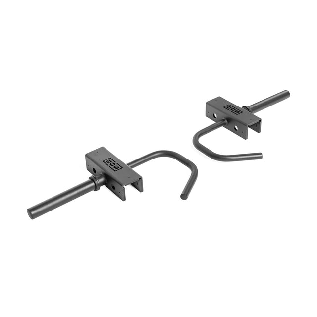 The Lever Arms Rack Attachment by Bells of Steel features two black metal J-hooks with U-shaped bars and rectangular "REP" embossed mounting brackets, ideal for securing Olympic weight plates on gym equipment. These hooks complement any setup with ease.