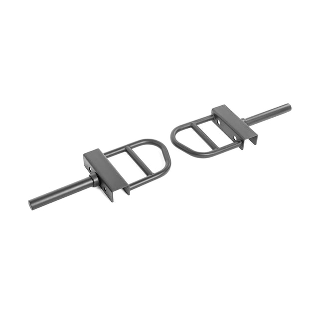 The Bells of Steel Lever Arms Rack Attachment consists of two metallic holders with a double-hooked design and cylindrical support, compatible with Olympic weight plates, for securing a barbell on a squat rack or power cage.