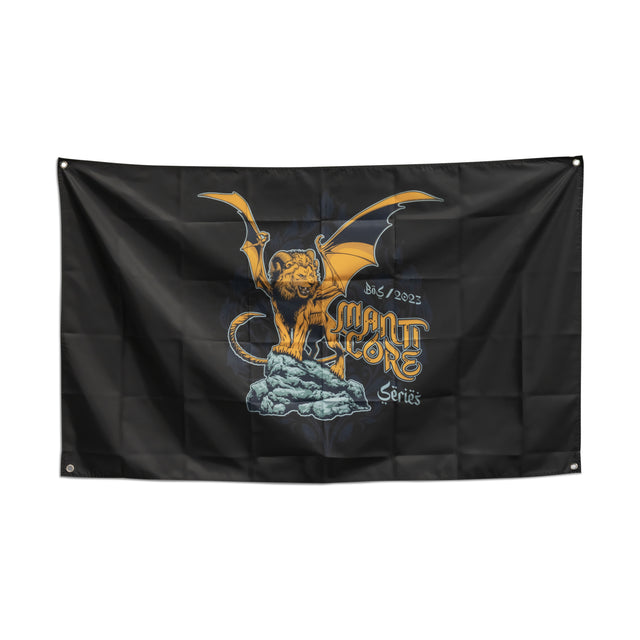 Enhance your gym decor with a black flag from Bells of Steel, featuring a stylized manticore—a mythical creature with a lion's body, bat-like wings, and a scorpion tail—perched on a rock. The text "Manticore Series" is displayed prominently, with "B&S 2023" above it. This striking home gym flag is perfect for elevating your workout space.