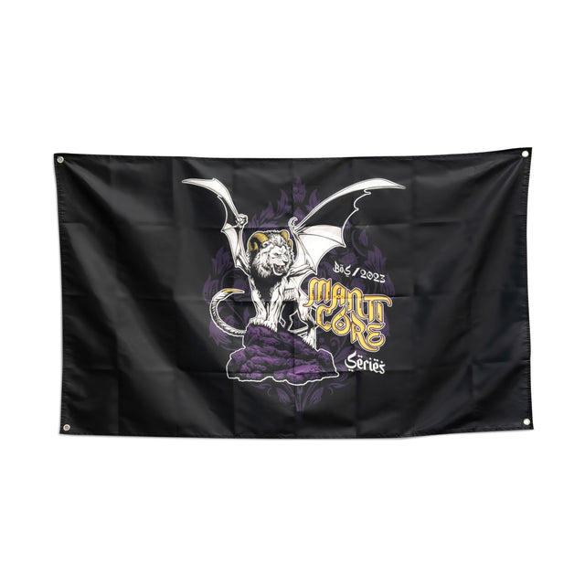 A black flag, perfect for a home gym, features an illustration of a winged manticore perched on a rock. The text "Malt Core Series 2023" is displayed in stylized yellow and white lettering next to the creature, making it an ideal piece of gym decor. This eye-catching item is part of the Flags collection by Bells of Steel.