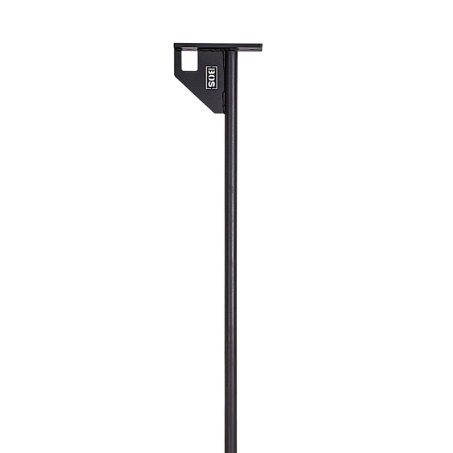 A 70" Pull Up Bar by Bells of Steel, featuring a long black metallic structure with a rectangular component at the top that suggests durability against rust, reminiscent of a power rack. The bar stands vertically against a plain white background, and the attachment bears a small label marked "SDS.