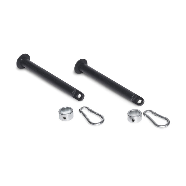A pair of black Band Pegs with circular heads and holes at one end, perfect for securing resistance bands, are paired with silver carabiners and small silver loops. These items, from the Bells of Steel brand, are displayed on a simple white background.