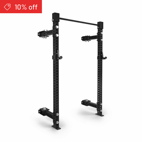 The Bells of Steel Manticore Folding Half Rack Builder (3" x 3", 1" Holes) is shown in black against a white background, with a red "10% off" price tag—ideal for your home gym or modular equipment setup.