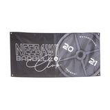 The "Bells of Steel" black flag showcases the phrase "Neebawi Barbell Club" and "Established 2021," along with a weight plate graphic on the right side, making it an excellent choice for enhancing your home gym decor.