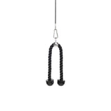 The Bells of Steel Tricep Rope Extension, featuring black handles, is attached to a cable machine via a metal clip, ideal for targeting triceps against a white background.