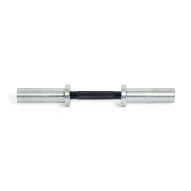 A sophisticated Loadable Dumbbell Handle from Bells of Steel showcases a sleek silver and black design, completed with two shiny silver collars against a pristine white background. This straight dumbbell handle is versatile gym equipment, ready for weight plates.