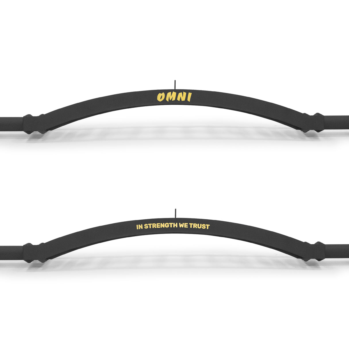 Two black curved bars feature text: "OMNI" in yellow on top, referencing the Bells of Steel Omni Bar, and "IN STRENGTH WE TRUST" in yellow on the bottom. The bars are horizontally aligned against a white background.