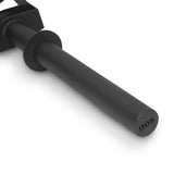 A close-up of a black metal Omni Bar by Bells of Steel shows the engraved "BOS" on the end and features detailed knurling. The handle is connected to a metal piece against a plain white background, suggesting its use in a power rack setup.