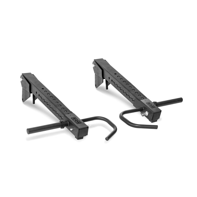 The Lever Arms Rack Attachment by Bells of Steel features black adjustable sway control bars with handles and hook attachments for towing stability. Reminiscent of durable Hydra Lever Arms, the bars include multiple adjustability holes and sit on a pristine white background.