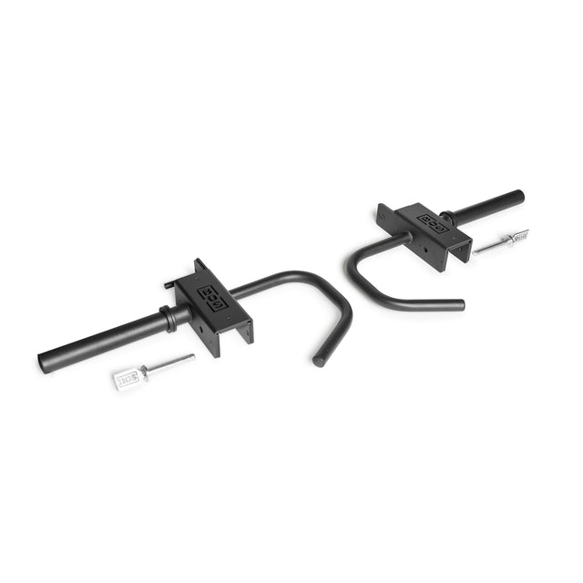 The Lever Arms Rack Attachment by Bells of Steel includes two black steel j-hooks with adjustable locking. One hook is straight, the other curved, each tagged for durability and equipped to secure up to 500 lbs, similar in strength to Hydra Lever Arms.