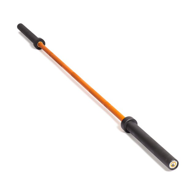 The Bells of Steel Multi-Purpose Olympic Barbell – The Utility Bar, featuring a sleek orange design with black grips and medium-light knurling, is displayed diagonally on a crisp white background, ideal for generalist training routines.