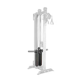 The Bells of Steel Oblivyon Tower - 3" x 3” Cable Tower, featuring a weight stack and dual handles, is shown on a white background with a gray frame and black weights—perfect for any strength training home gym.