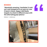 A customer review of the Bells of Steel Arch Nemesis Swiss Bar appears above a photo showing the multi-grip pull-up bar on a concrete floor with packing materials and a folded ladder nearby.