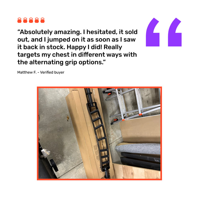 A customer review of the Bells of Steel Arch Nemesis Swiss Bar appears above a photo showing the multi-grip pull-up bar on a concrete floor with packing materials and a folded ladder nearby.