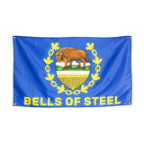 The "Bells of Steel" gym flag presents a striking design with a blue background and yellow border, featuring a bison standing on grass, surrounded by yellow maple leaves. Perfect for gym decor, the design prominently displays the brand name in bold yellow, making it an eye-catching addition to any home gym.