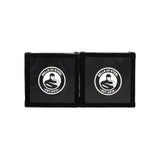 A pair of black, square Deadlift Platform Drop Pads by Bells of Steel Canada, featuring a white logo with "Bells of Steel Est. 2010" and a kettlebell design in the center, are displayed side by side on a white background. These drop pads protect floors and absorb impact, making them ideal for any intense workout session.