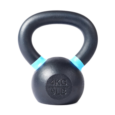 A Bells of Steel Powder Coated Kettlebell in black with blue accents on the handle, featuring “4KG” and “9LB” markings on the front, is shown isolated on a white background—ideal for strength training and functional fitness routines.