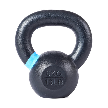 A Bells of Steel Powder Coated Kettlebell with a blue stripe on the handle is shown upright. The black kettlebell, designed for functional fitness and strength training, features “6KG” and “13LB” embossed on the front to indicate its weight in kilograms and pounds.