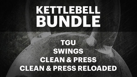 Text on a textured background reads: "Ultimate Kettlebell Bundle by Mark Wildman: TGU, Swings, Clean & Press, Reloaded" featuring professional instruction via our mobile app. Part of a kettlebell handle is visible above and behind the text. Brand: Bells of Steel.