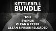 Text graphic with a close-up kettlebell and bold white text: "Ultimate Kettlebell Bundle - TGU, Swings, Clean & Press, Clean & Press Reloaded." By Mark Wildman from Bells of Steel—digital product with expert workout instruction.