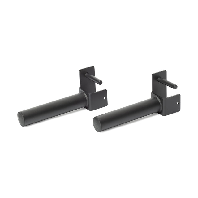 The product image features two Pin Plate Pegs by Bells of Steel. These black cylindrical mounts with rectangular bases and protruding rods are designed to hold or support weight plates. They showcase a sleek, minimalist design against a plain white background.