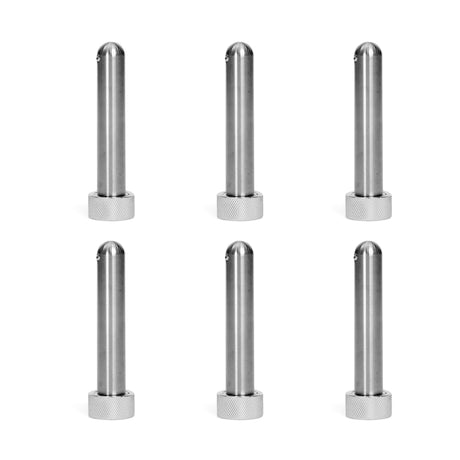 Six identical Bells of Steel Magnetic Rack Attachment Pins with rounded tops and knurled bases are arranged in two rows of three on a white background.