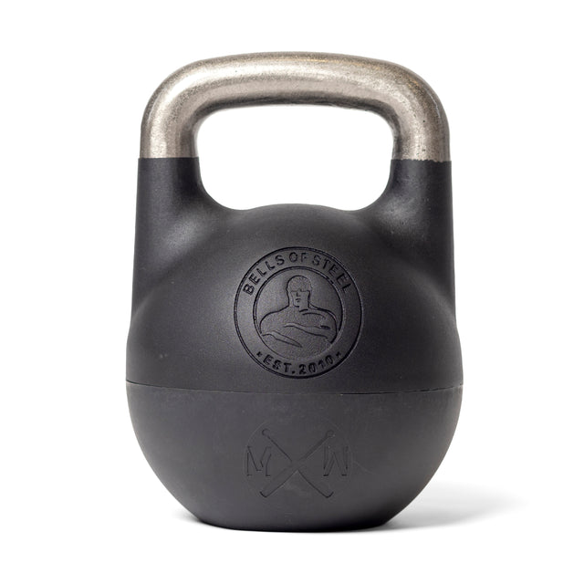 A kettlebell with a silver handle and the "Bells of Steel, Est. 2010" logo plus crossed axes, ideal for single-arm exercises. Its smooth finish improves your workout experience.