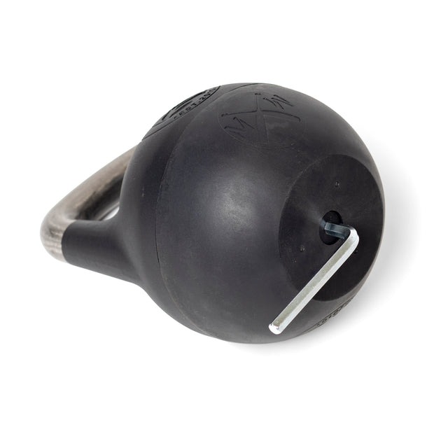 The Bells of Steel black adjustable kettlebell has a metal handle and hex key for weight adjustments, minimal text and logos on its smooth surface, making it ideal for single-arm exercises. It features a plastic bottom.