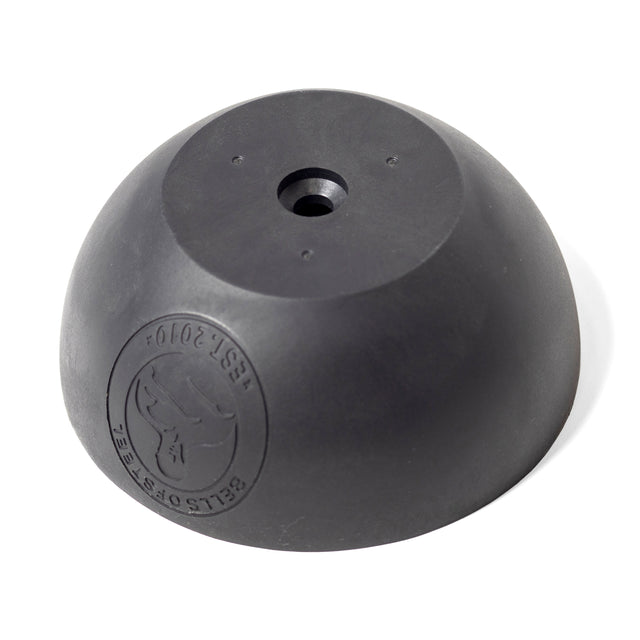 A black, dome-shaped Plastic Bottom for Adjustable Kettlebell by Bells of Steel, featuring a central hole and an embossed logo, is shown on a white background.