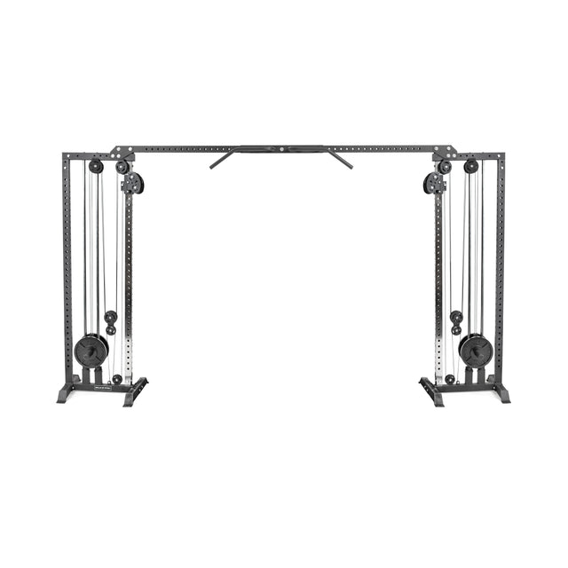 The Bells of Steel Cable Crossover Machine in gray features adjustable handles, multiple pulleys, and a horizontal pull-up bar connecting two vertical frames. It includes a weight stack for comprehensive strength training.