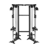 The Bells of Steel Functional Trainer Cable Tower boasts a sleek black and silver frame for diverse strength workouts. Featuring adjustable pulleys, handles, and a pull-up bar, it highlights its sturdy construction and versatility against a white background.