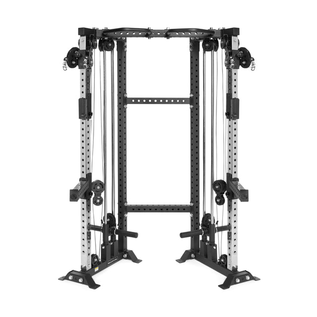 The Bells of Steel Functional Trainer Cable Tower boasts a sleek black and silver frame for diverse strength workouts. Featuring adjustable pulleys, handles, and a pull-up bar, it highlights its sturdy construction and versatility against a white background.