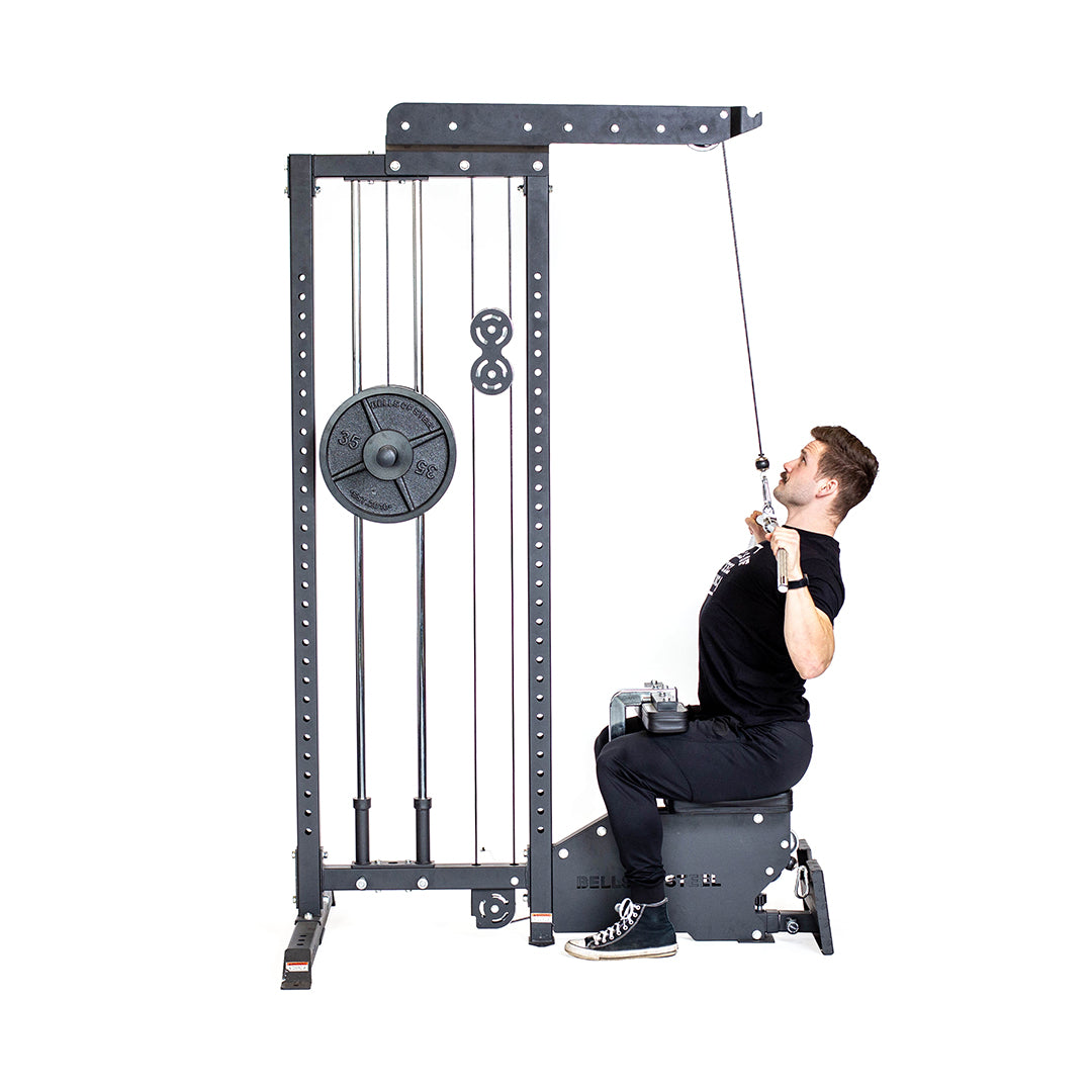 Male athlete doing pull down using Lat Pulldown Low Row Machine side view