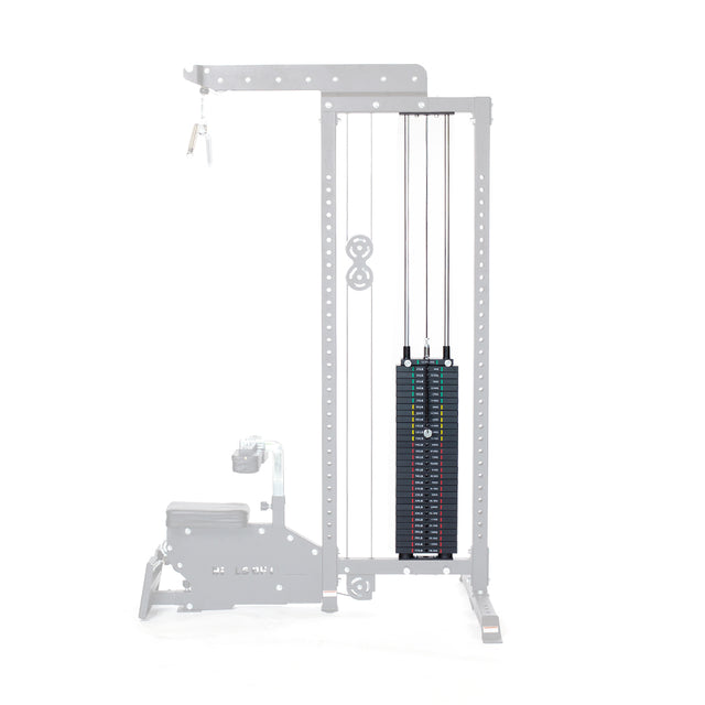 The Bells of Steel Lat Pulldown Low Row Machine, featuring a weight stack and attached handles, is perfect for your home gym. Its metallic, industrial design with a partially visible frame and seat makes it ideal for various strength training exercises.