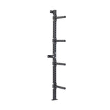 The Bells of Steel Wall-Mounted Plate Storage Rack is a vertical black metal rack with four horizontal bars and multiple adjustment holes on the central column—perfect for efficient weight plate organization in your home gym.
