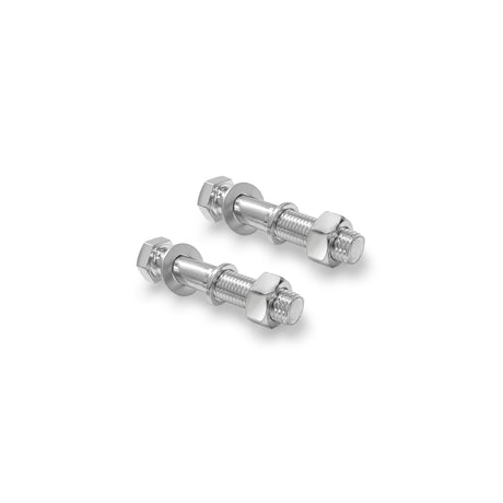 Two metallic bolts with nuts and washers lie parallel on a white background, highlighting their shiny surfaces and detailed threading. These components are essential for assembly processes as part of the Manticore Hardware kit by Bells of Steel.