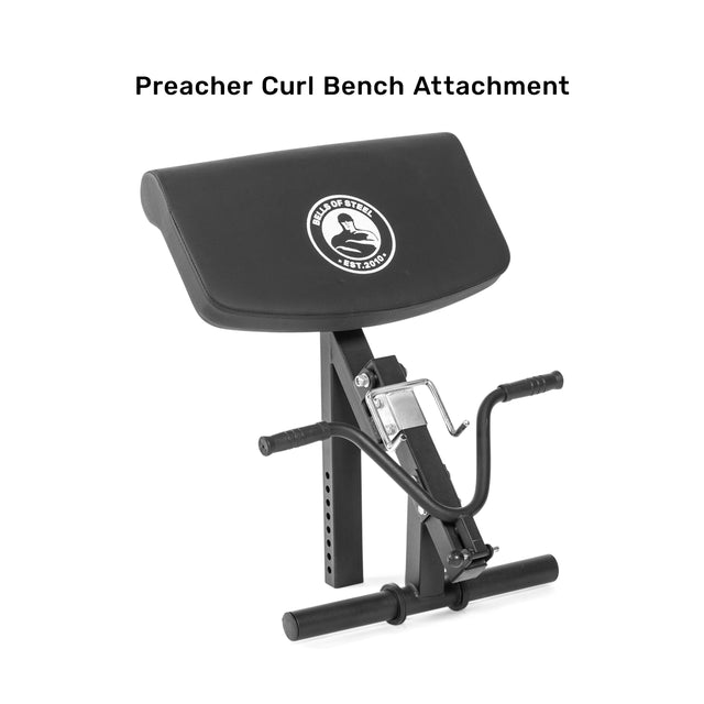 The Bells of Steel Bench Attachments preacher curl attachment features an adjustable height, along with a padded armrest and handlebars for superior bicep workouts. This adaptable bench accessory easily connects with Model-Matching Adapters to improve your exercise regimen.