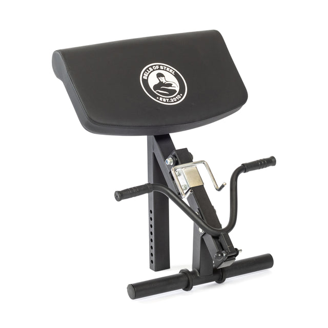 The adjustable preacher curl attachment from the Bench Attachments collection by Bells of Steel features a black padded armrest and a durable metal adjusting bar. The padding showcases the "Bells of Steel" logo, established in 2008. Textured handles ensure an optimal grip during your workouts.