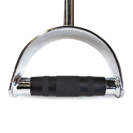 Close-up view of the Bells of Steel Pro-Style Lat Bar Cable Attachment, 38 inches long, chrome-plated with a black rubber grip—ideal for back workouts on cable machines.