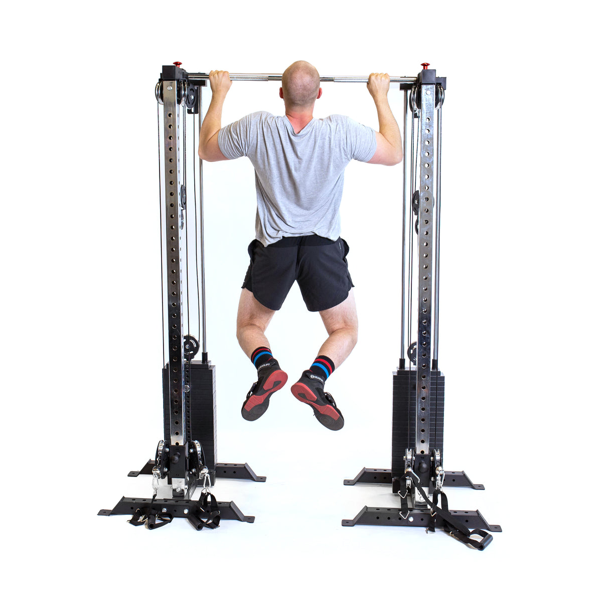Male athlete doing pull-up using Adjustable Pull-up Bar Rack Attachment - 2.3" x 2."3 Knurled Stainless