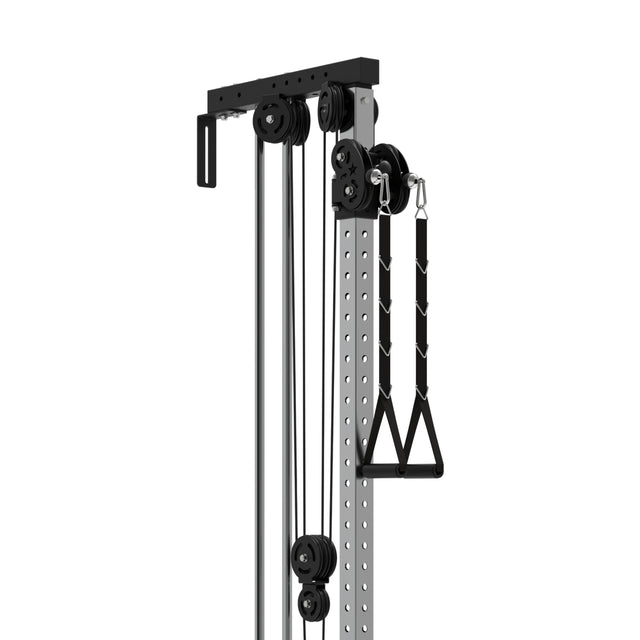 Close-up of Bells of Steel's Cable Tower, showcasing its versatile cable pulley system with multiple pulleys, adjustable holes, and a triangle handle. It's mounted on a sleek black and silver metal frame, ideal for a range of cable machine exercises.