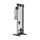 The Bells of Steel Cable Tower, in black and silver, is shown against a plain white background. It features adjustable pulleys, a weight stack, and a single handle attachment for strength training exercises.