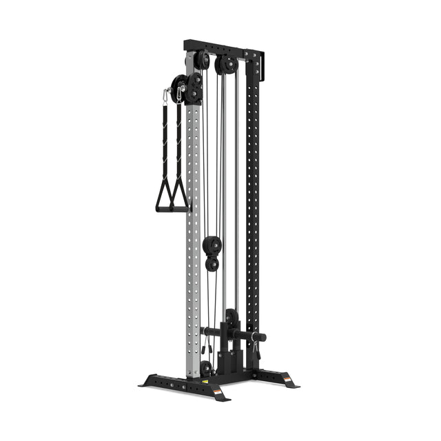 The Bells of Steel Cable Tower, in black and silver, is shown against a plain white background. It features adjustable pulleys, a weight stack, and a single handle attachment for strength training exercises.